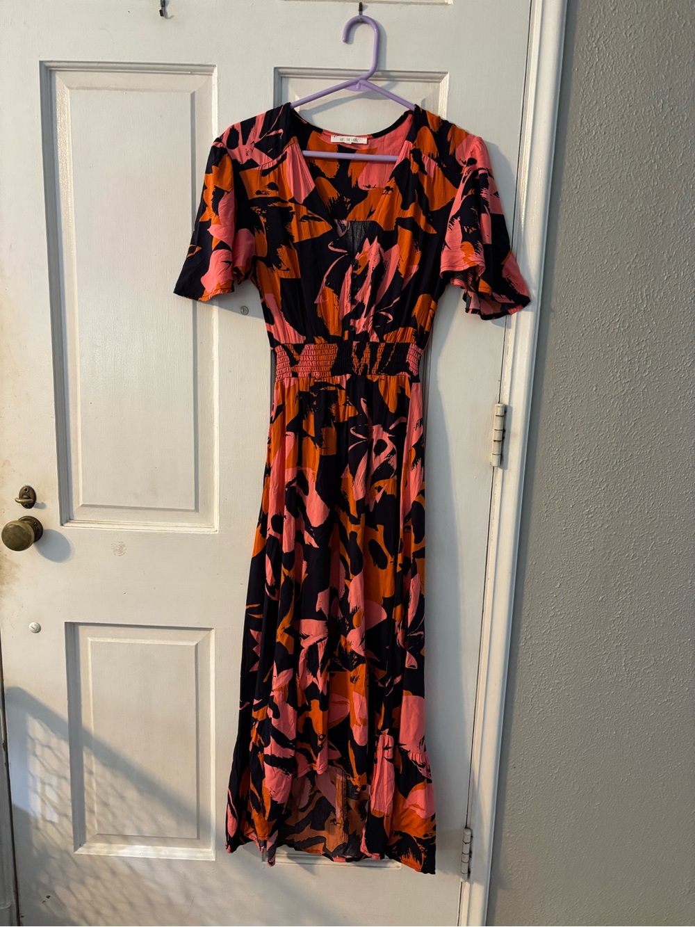 Abel the Label XS Black Orange Pink Abstract V-Neck Smocked Button Midi Dress